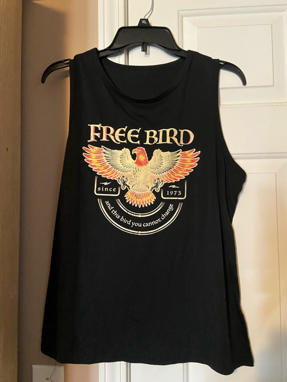 Free Bird Black Graphic Tank Top with Orange Accent